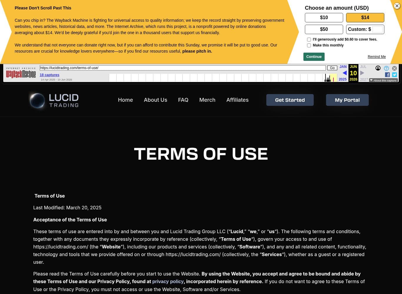 Lucid Trading Terms of Use naming the operating entity and the immediate-effect amendment right