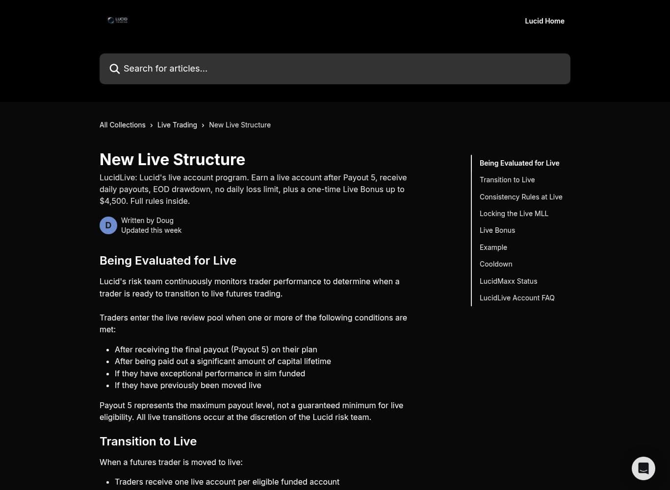 The LucidLive programme showing live accounts funded by Lucid at a zero starting balance
