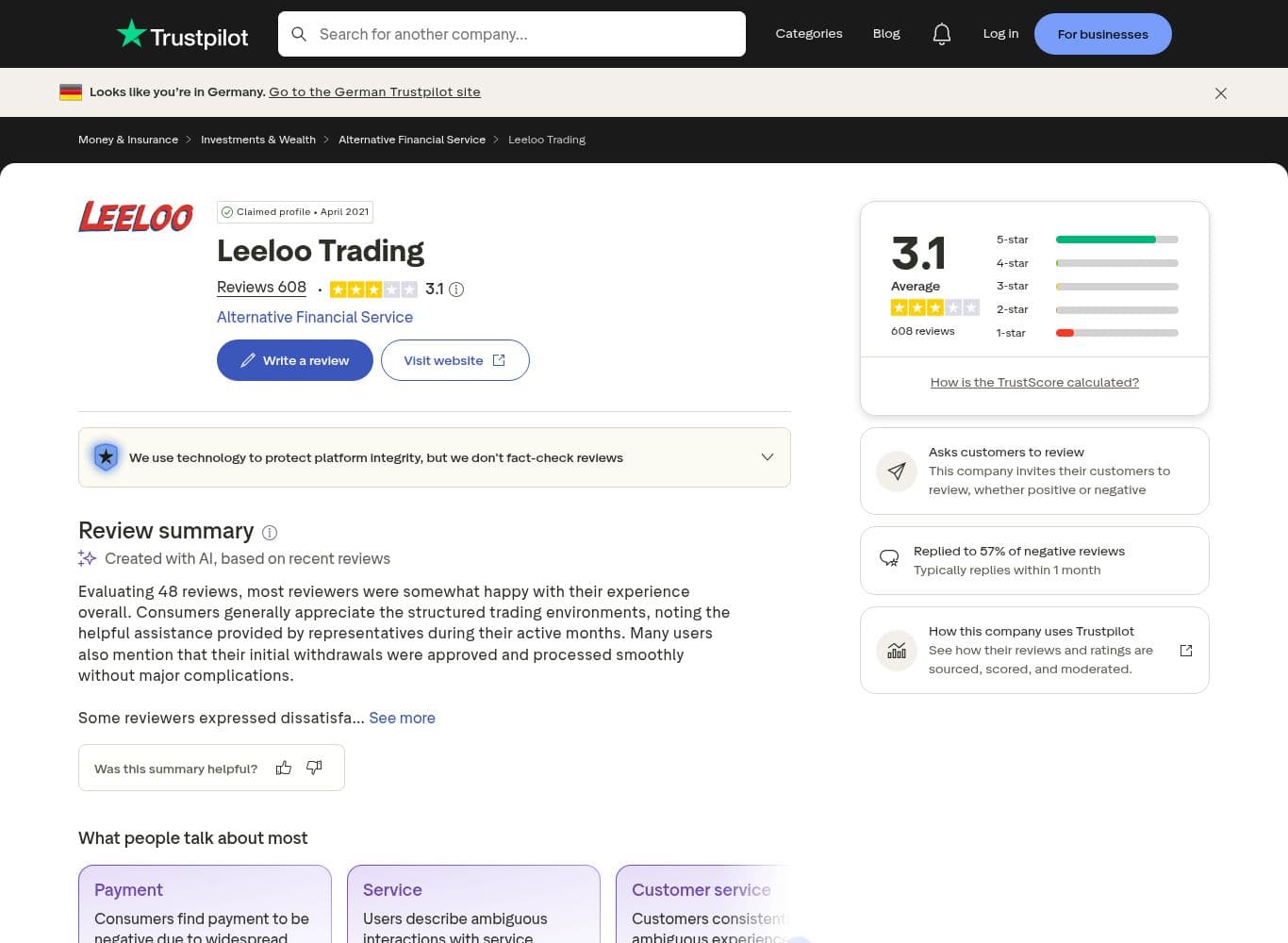 Trustpilot page carrying dated first-hand reports of payouts received and of payouts reduced or denied