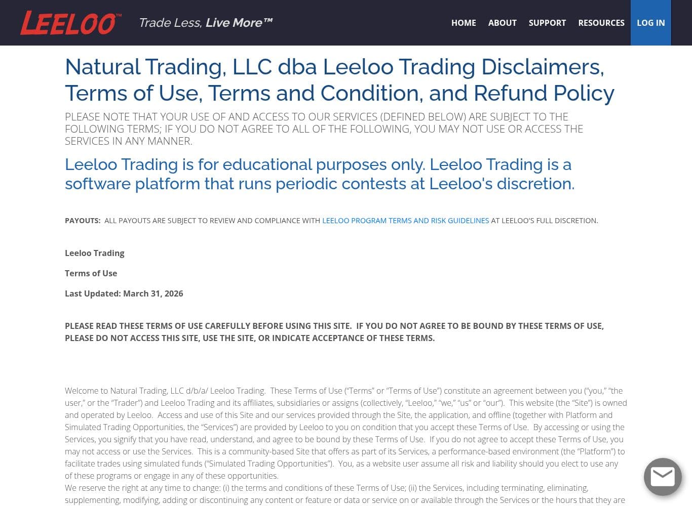Leeloo Trading Terms of Use naming Natural Trading, LLC and stating that all payouts are at the firm's full discretion