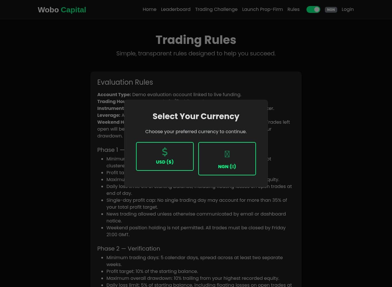 Trading rules showing the 10 percent trailing drawdown, the unstated profit split and final risk team decisions