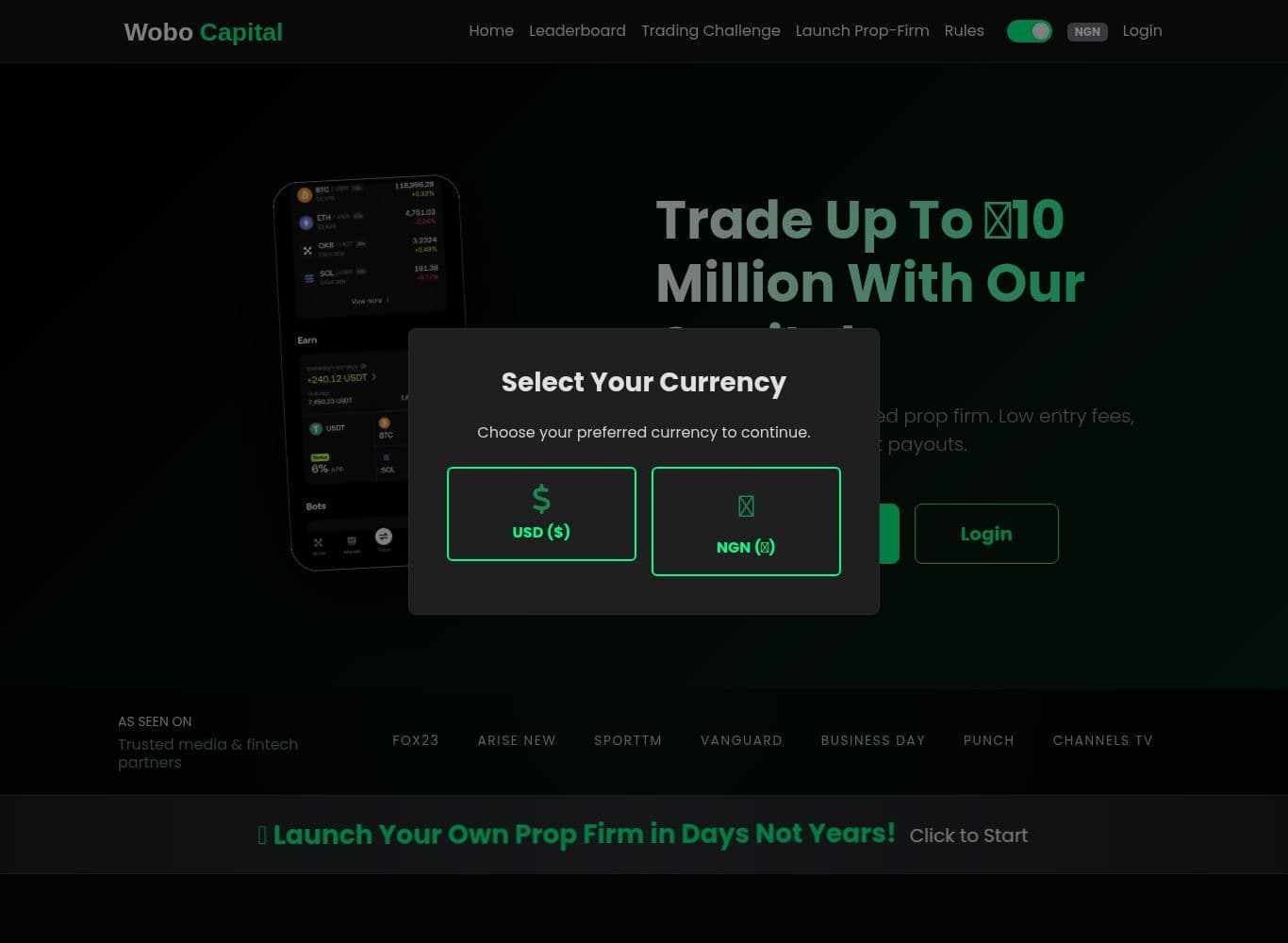 Wobo Capital homepage advertising a 20 percent maximum drawdown and payment within 24 hours