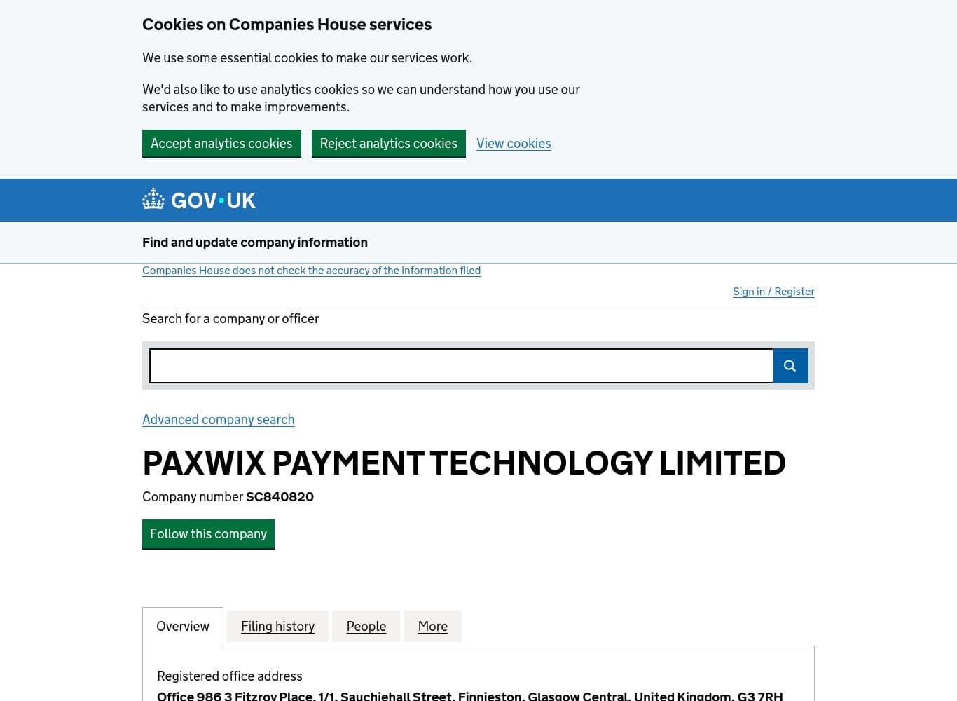 Companies House overview for Paxwix Payment Technology Limited showing company status Dissolved