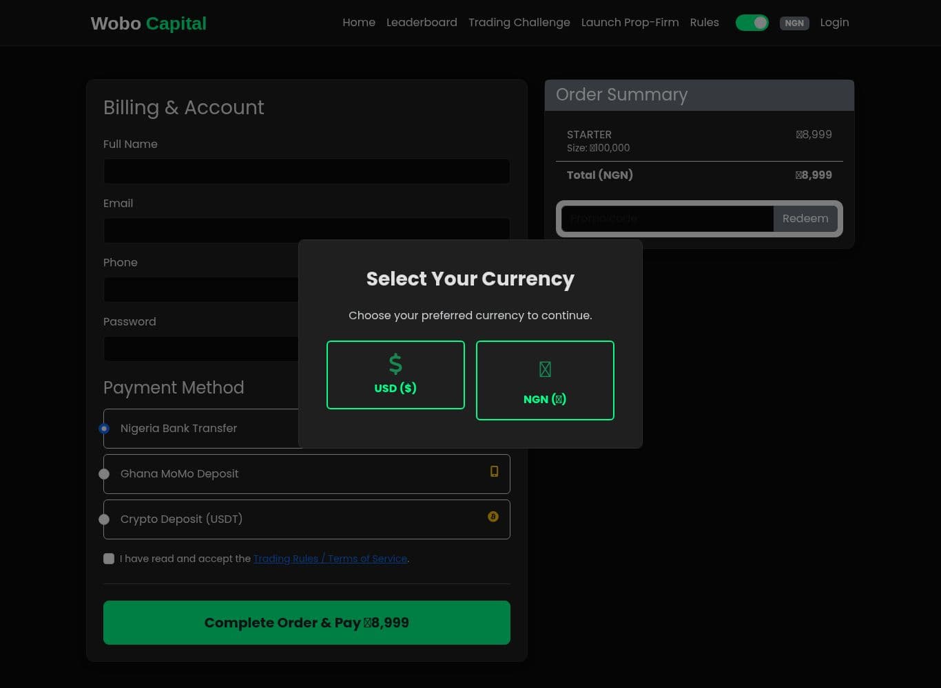 Checkout for the Starter evaluation taking bank transfer, mobile money and USDT, with no card option