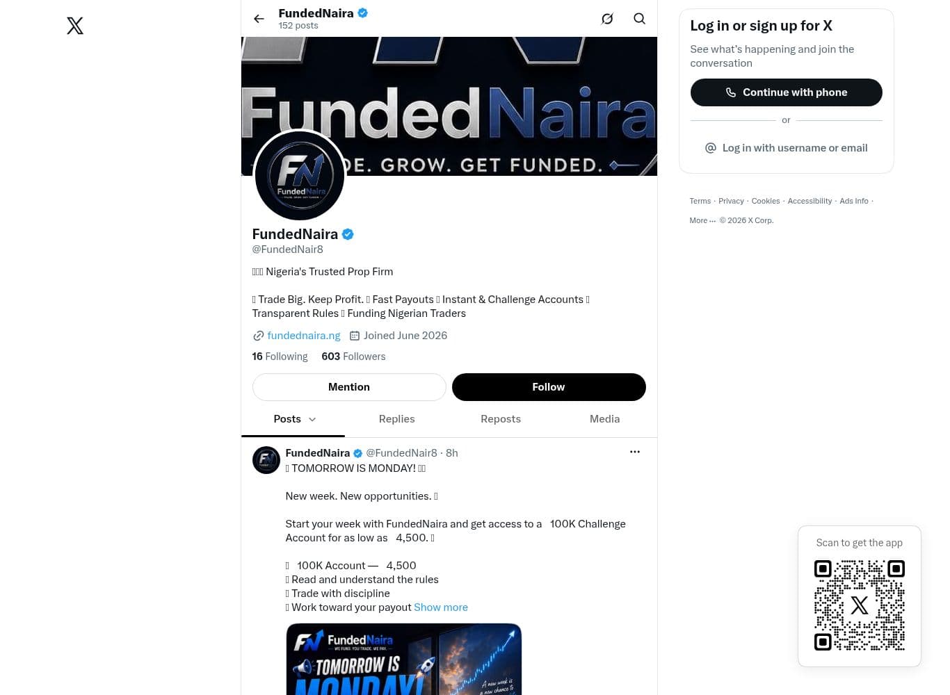 Official FundedNaira account on X as linked from the site footer