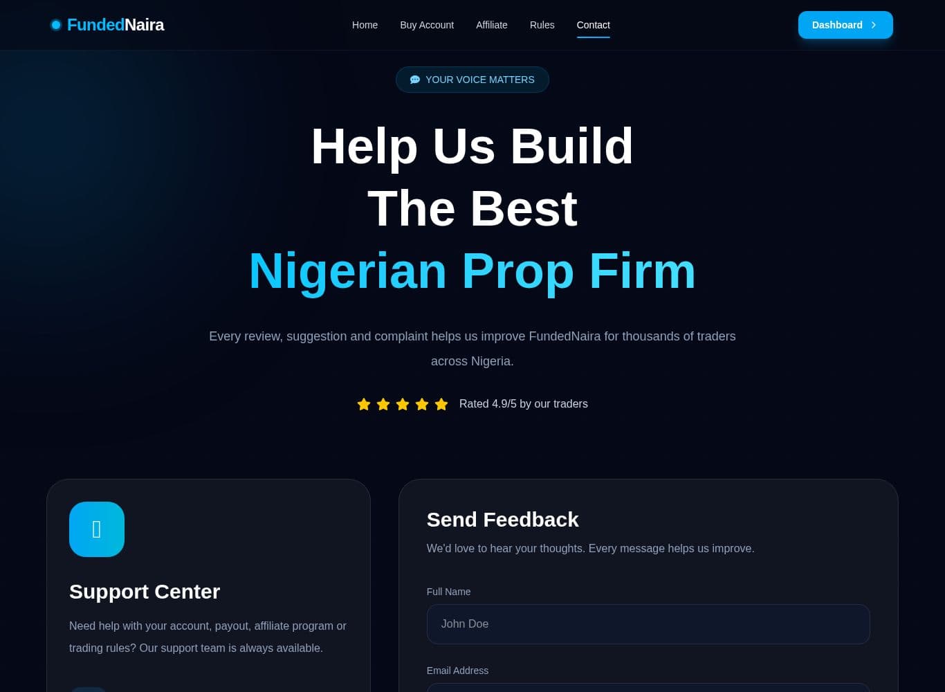 Contact page showing a support email that differs from the one in the site footer