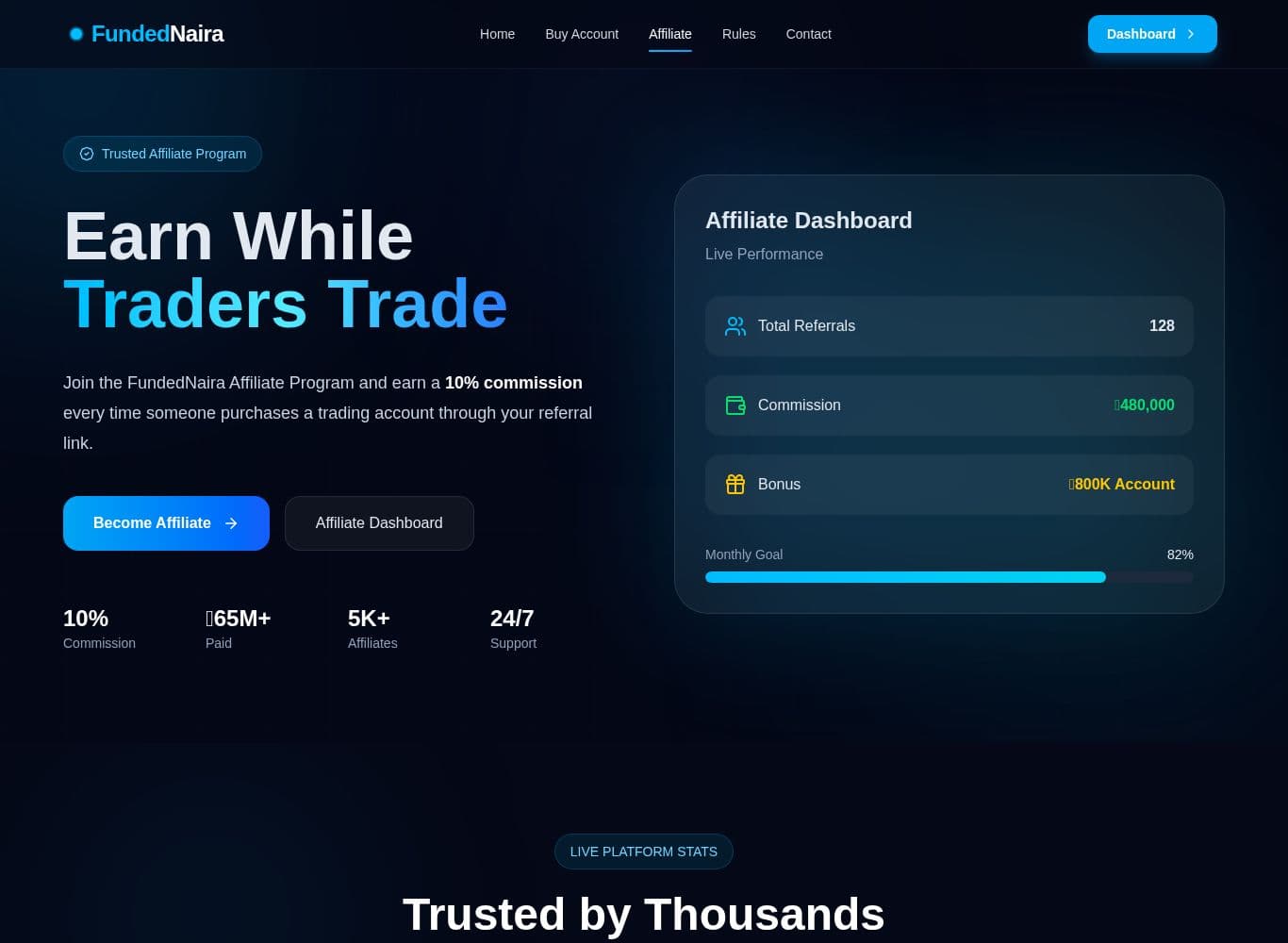 Affiliate page carrying the fabricated live commission feed and contradictory affiliate counts