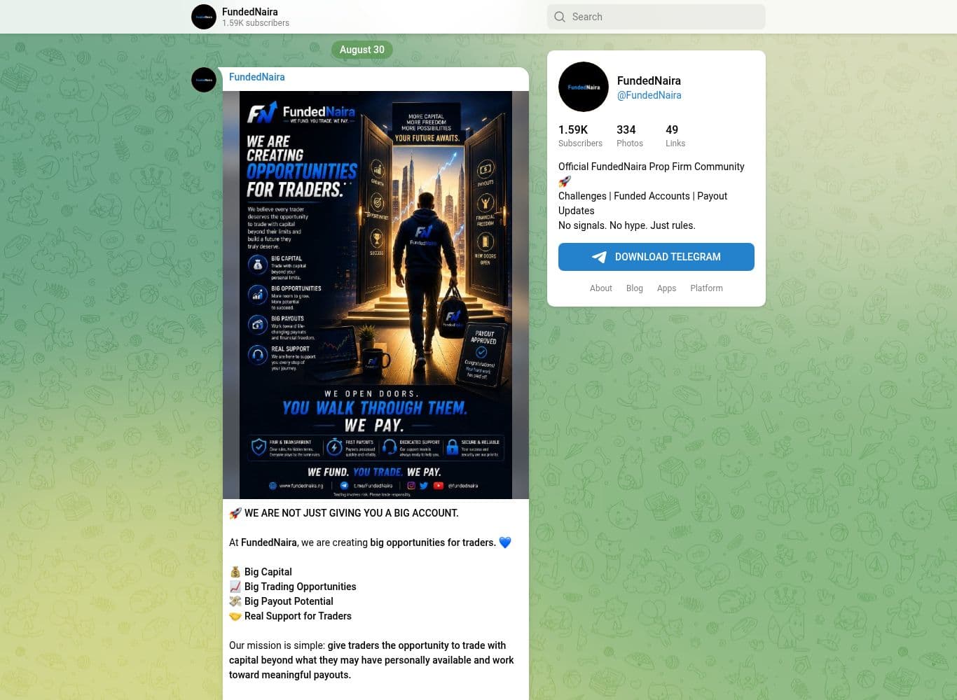Official FundedNaira Telegram channel, 1,590 subscribers and posting daily
