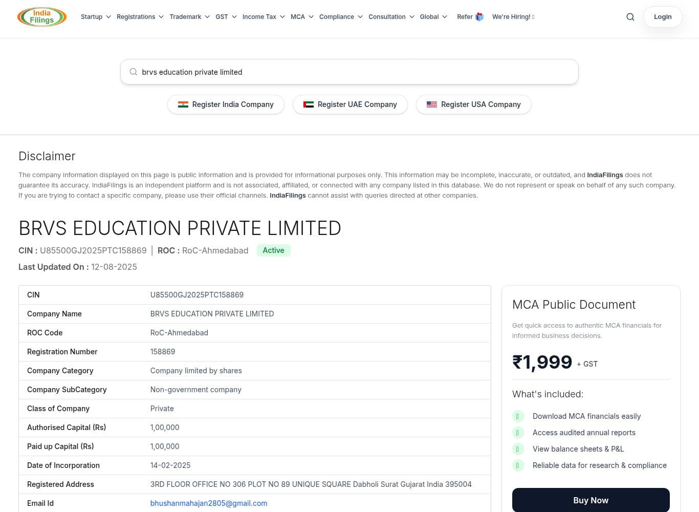Corporate register entry for BRVS Education Private Limited, the operator of IndiFunded