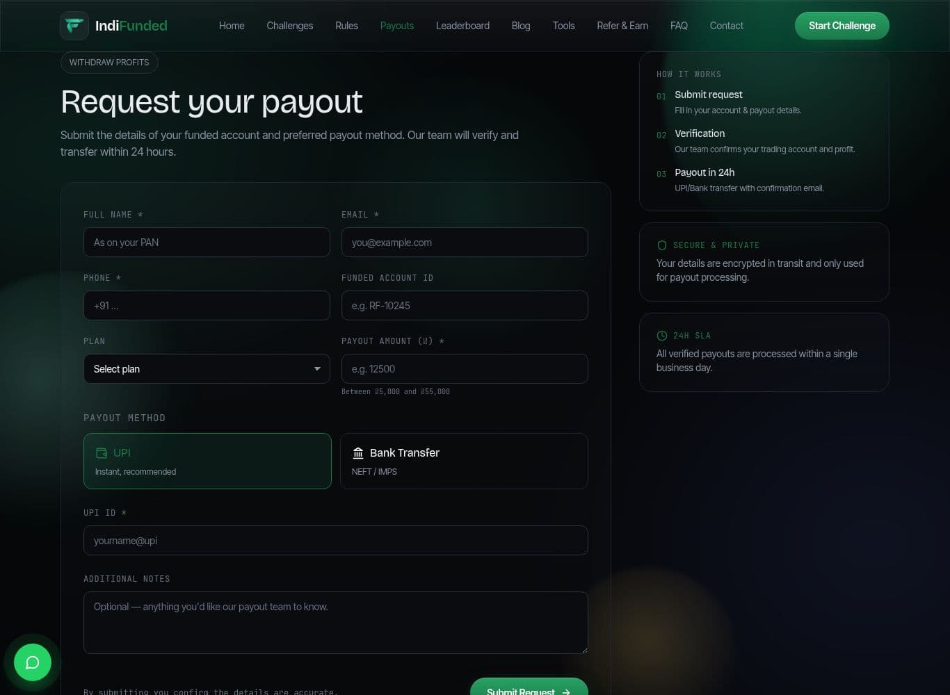 IndiFunded payout request form and the second wall of claimed recent payouts