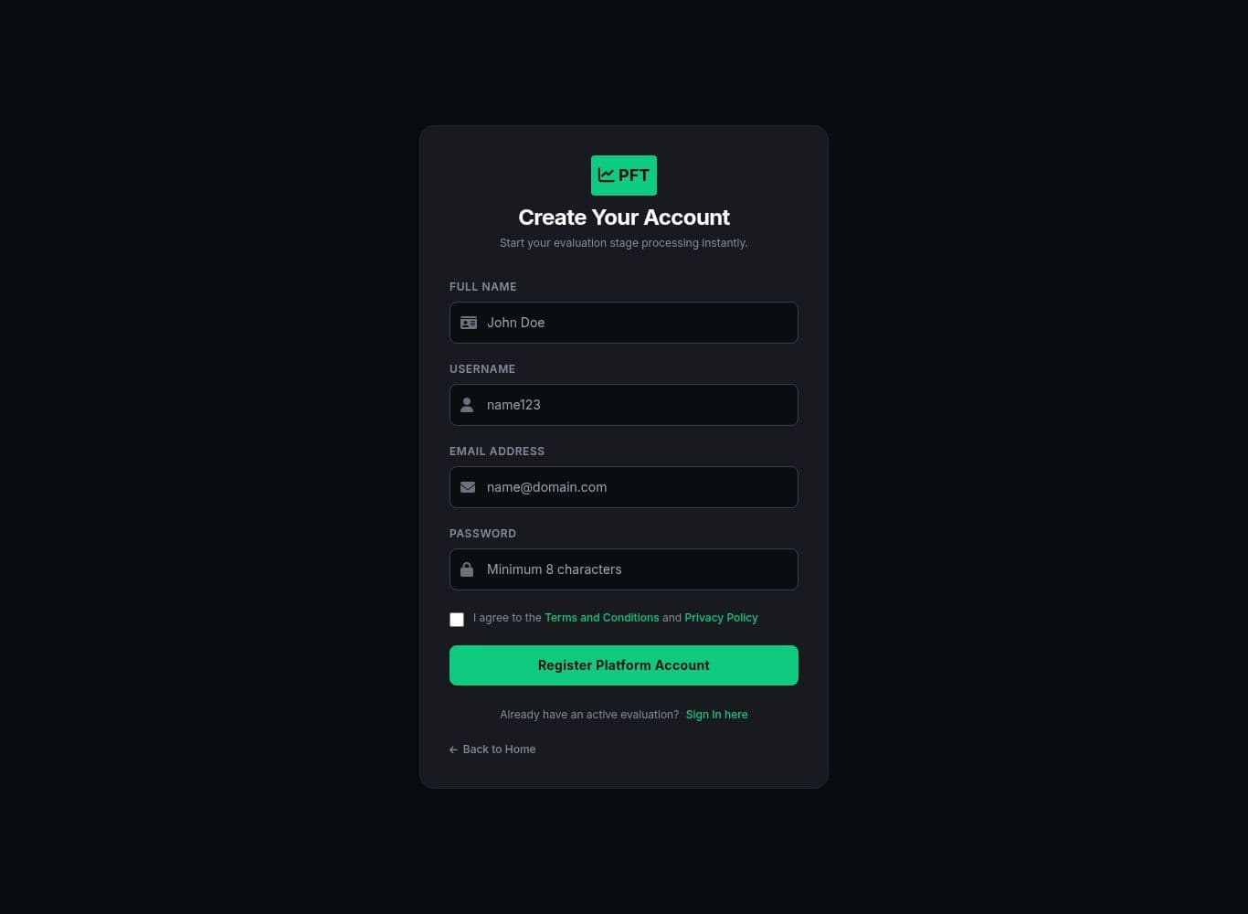 Registration form collecting only name, username, email and password, with no live account option and no deposit path
