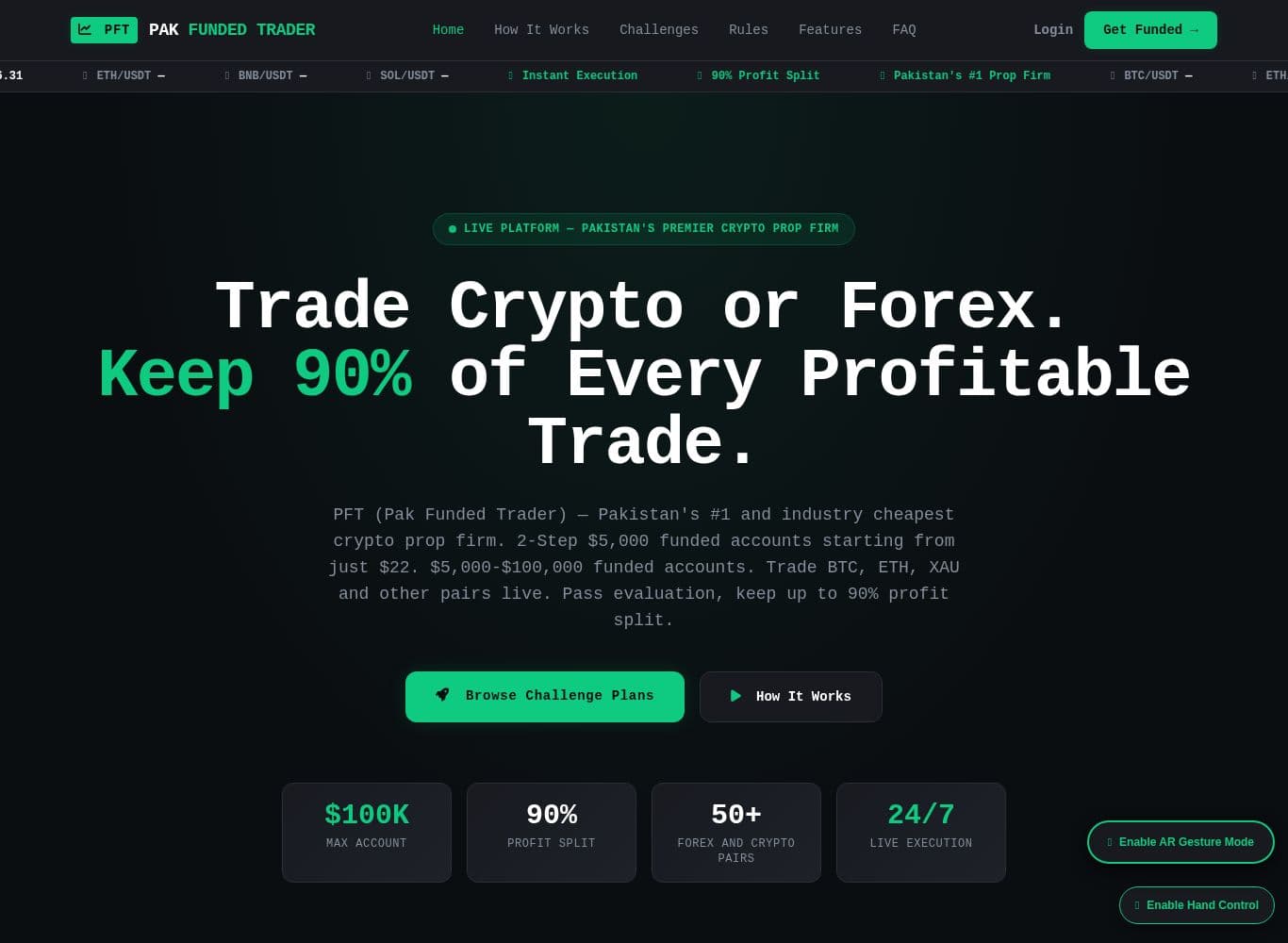 Pak Funded Trader homepage showing the 90 percent profit split claim, live execution marketing and the simulated-trading footer disclaimer