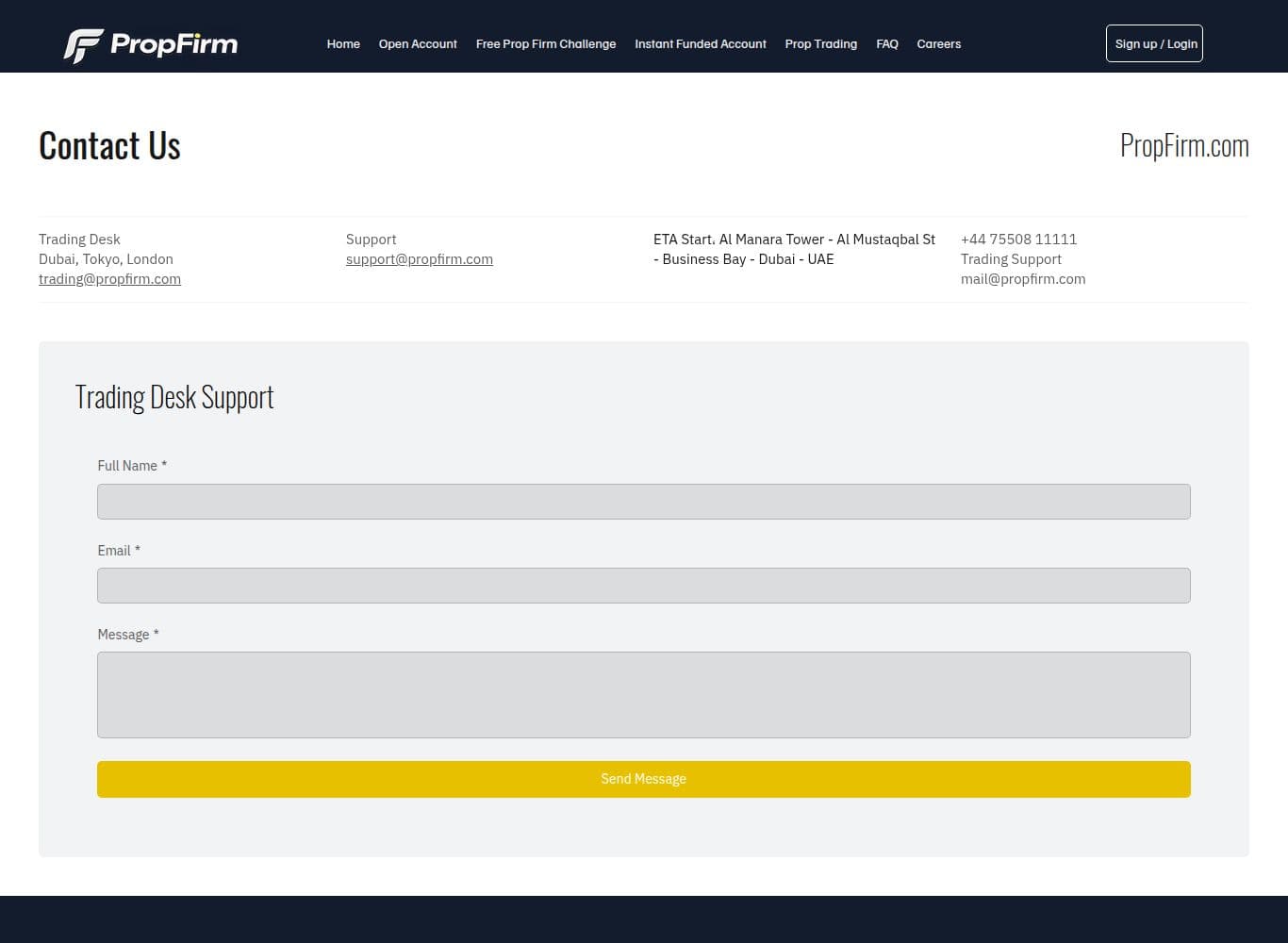Contact page giving a Business Bay Dubai address with a United Kingdom mobile number and no legal entity