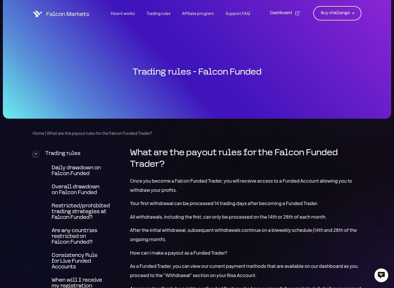 Payout rules stating the 14 trading day first withdrawal and the biweekly schedule