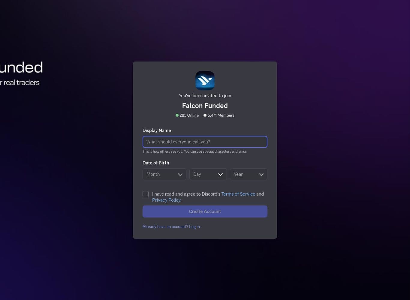 Official Falcon Funded Discord invite showing member and online counts
