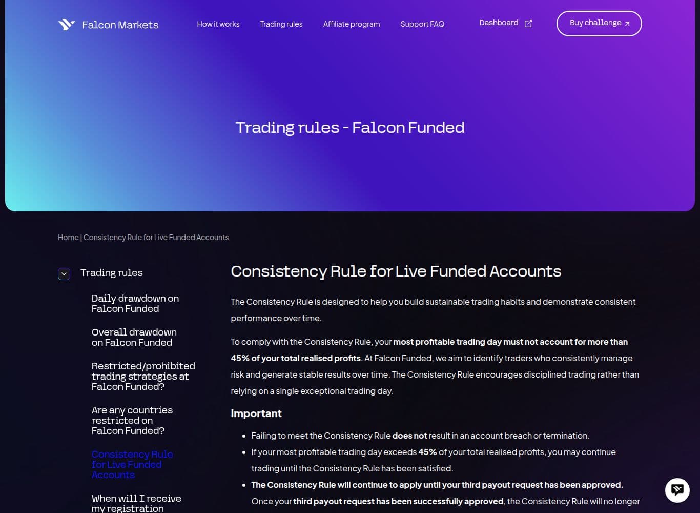The published 45% numeric consistency threshold for live funded accounts