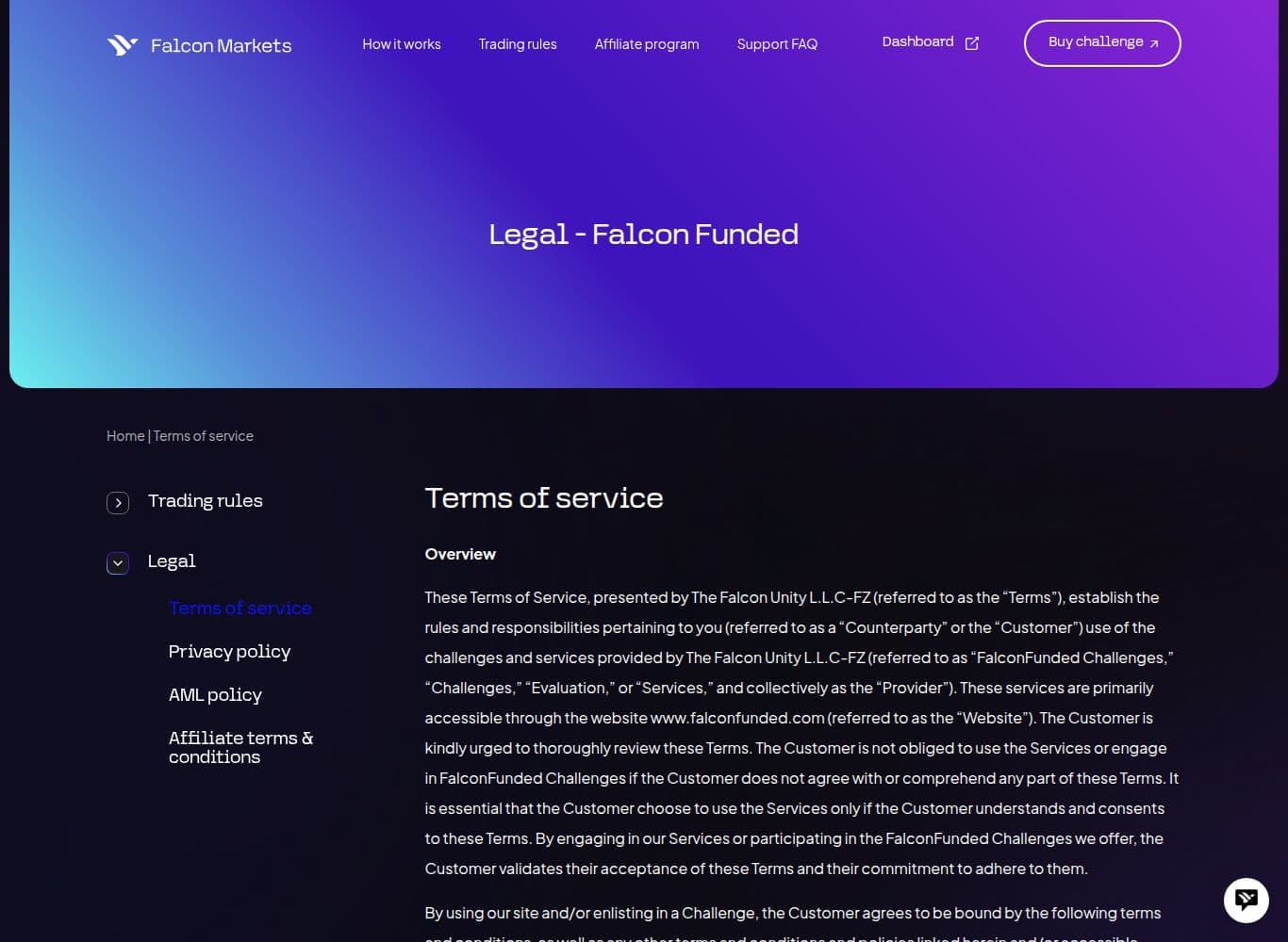 Terms of service containing the payout compliance review, the final and binding decision clause and the undefined position-size prohibitions