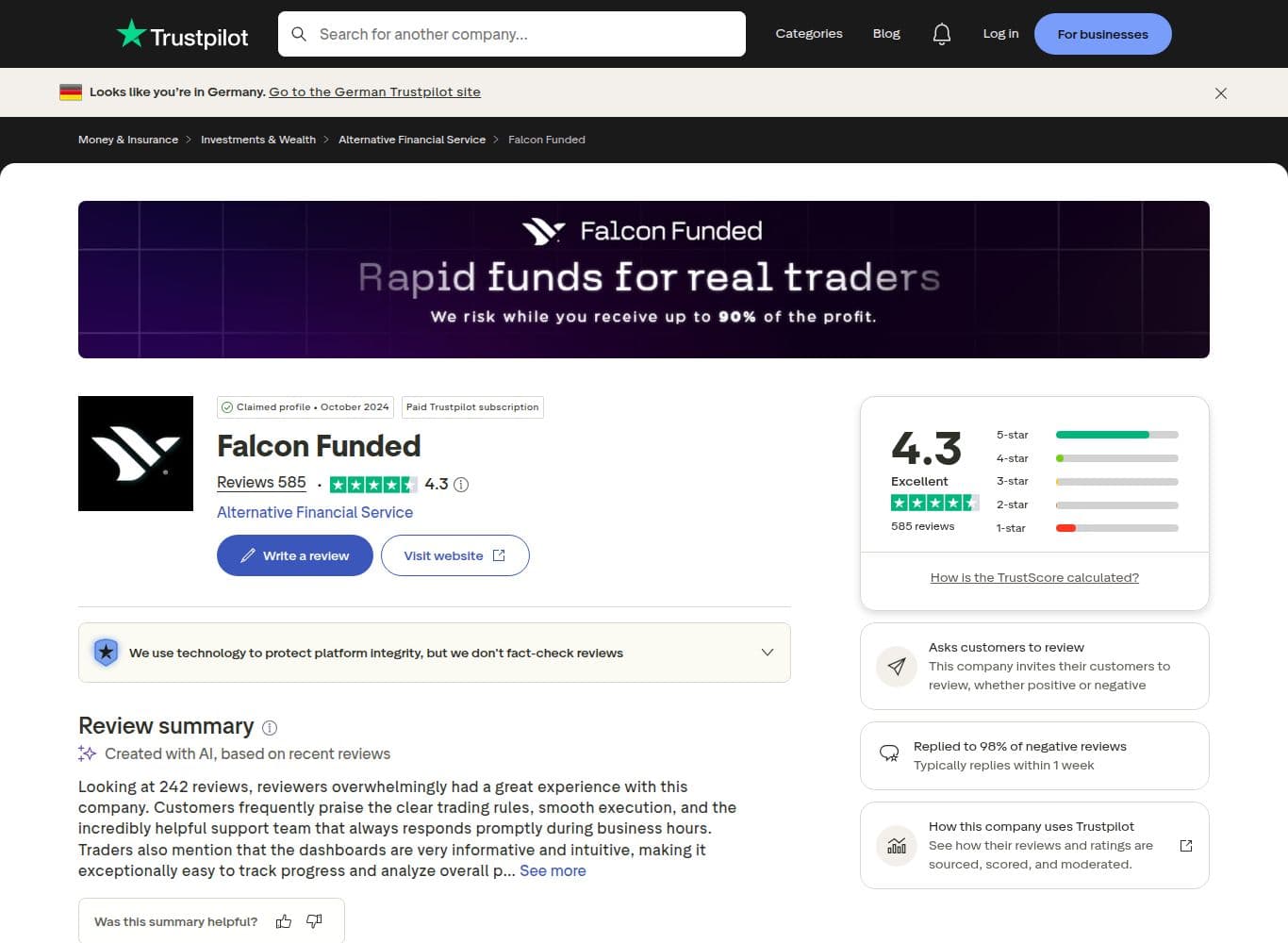 Falcon Funded Trustpilot profile showing the overall score and the star distribution