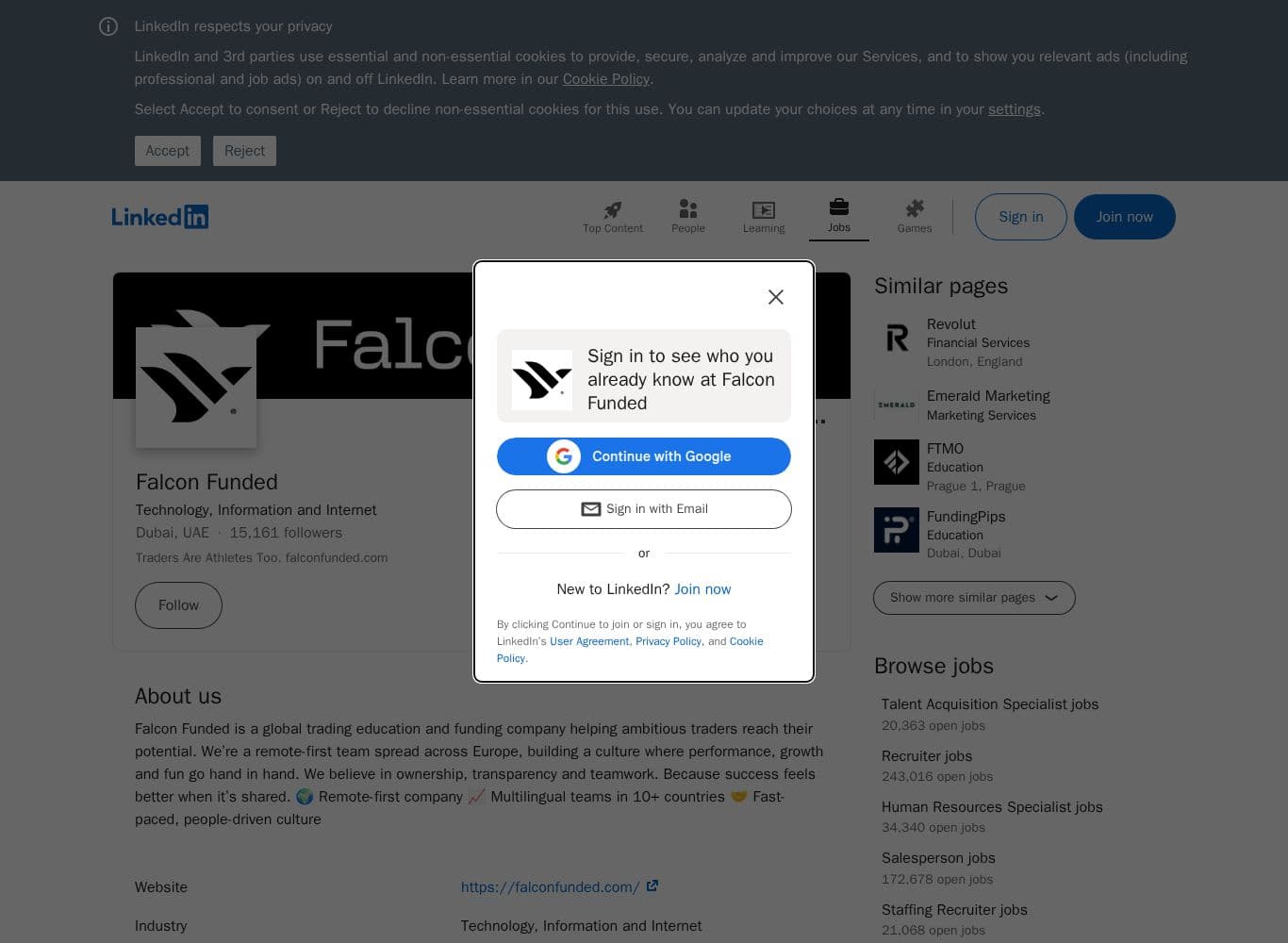 Falcon Funded LinkedIn company page showing follower count, employee count and recent hiring activity