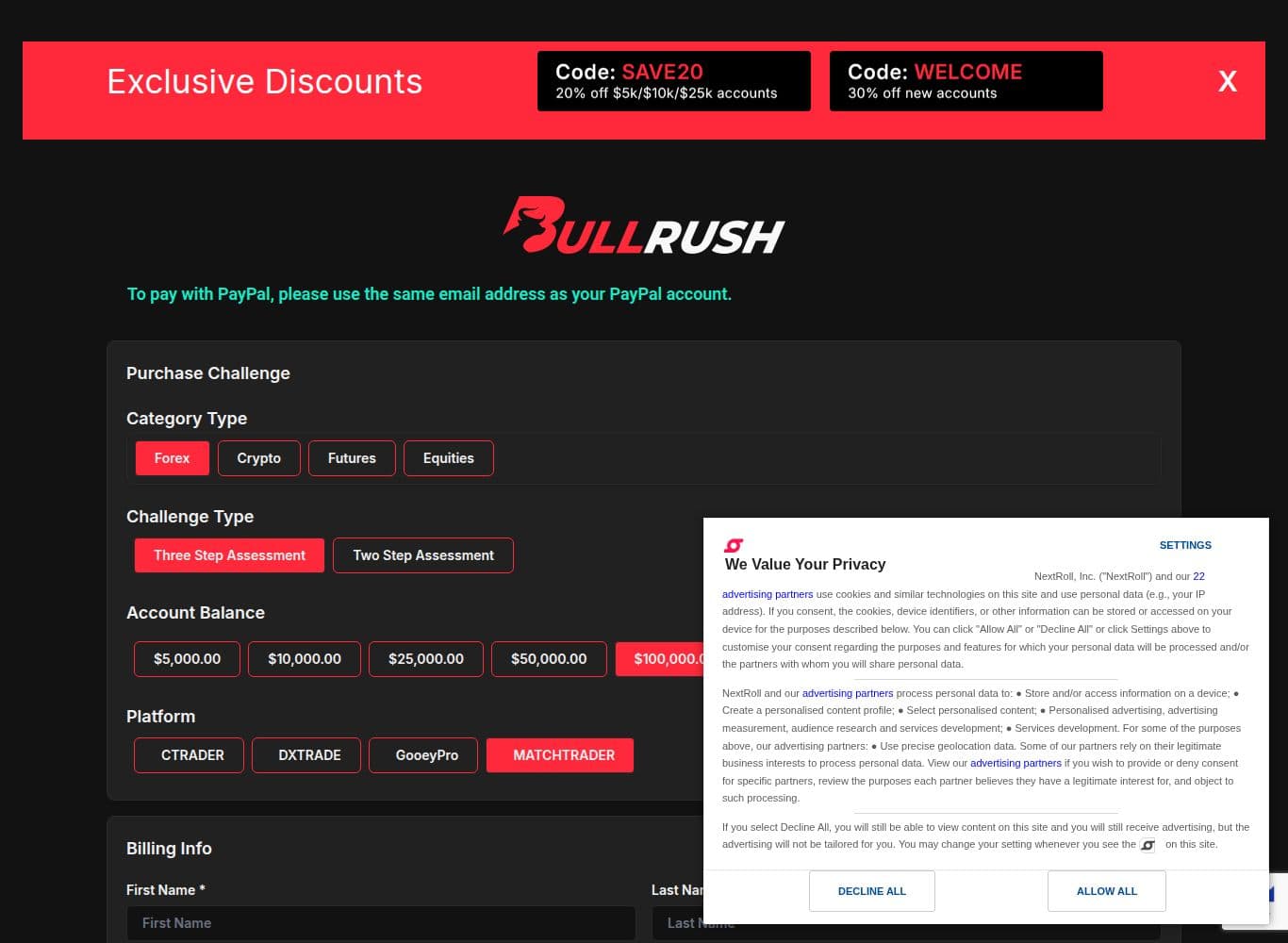 BullRush Prop checkout showing a non-refundable evaluation purchase with no deposit option