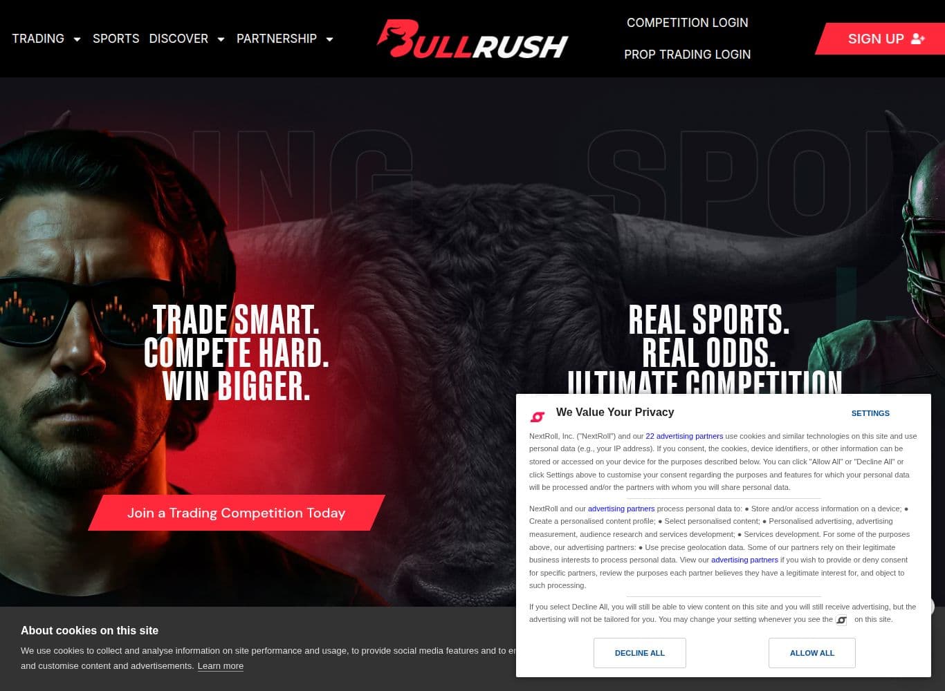 BullRush homepage showing the competition, sports and prop trading arms and the operating entity in the footer