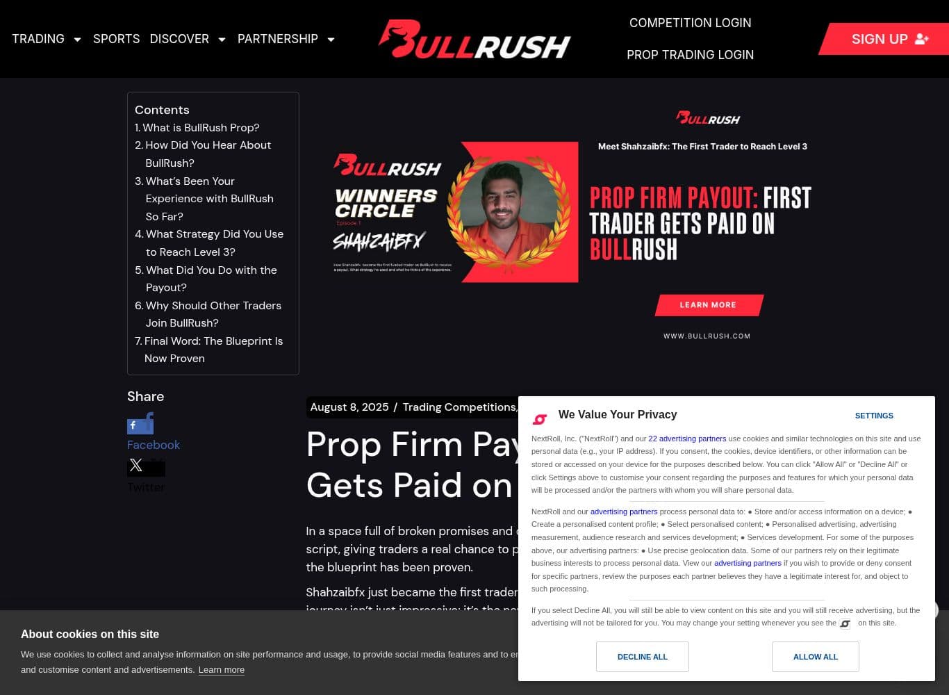 BullRush's own record of its first funded trader payout, naming the trader