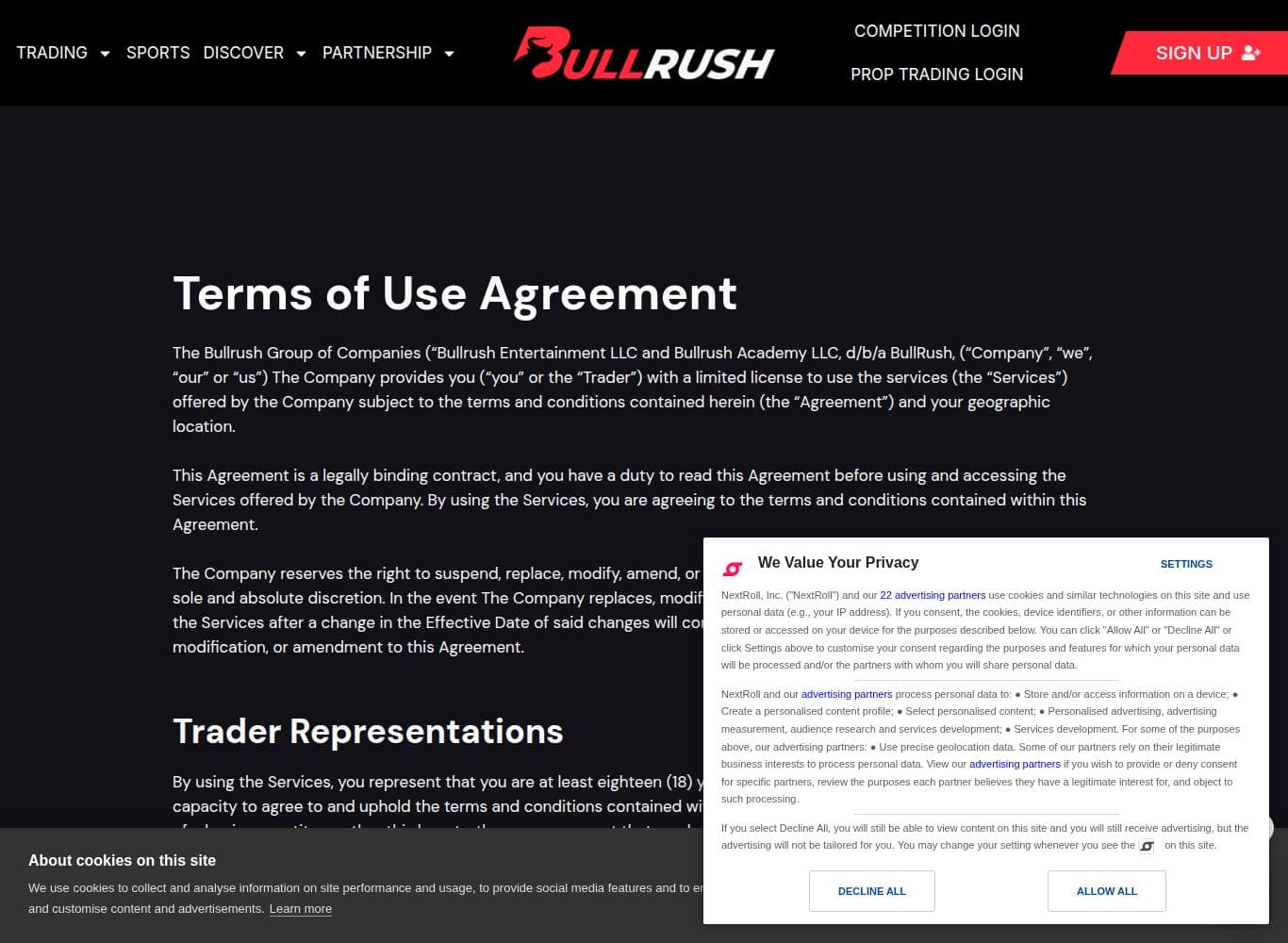 Prop firm terms of use carrying the retroactive amendment and discretionary forfeiture clauses