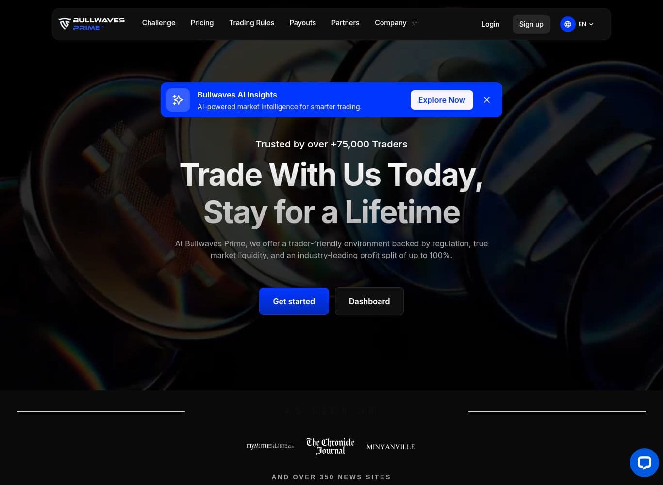 Bullwaves Prime home page presenting the firm as regulated and offering access to trade real company funds