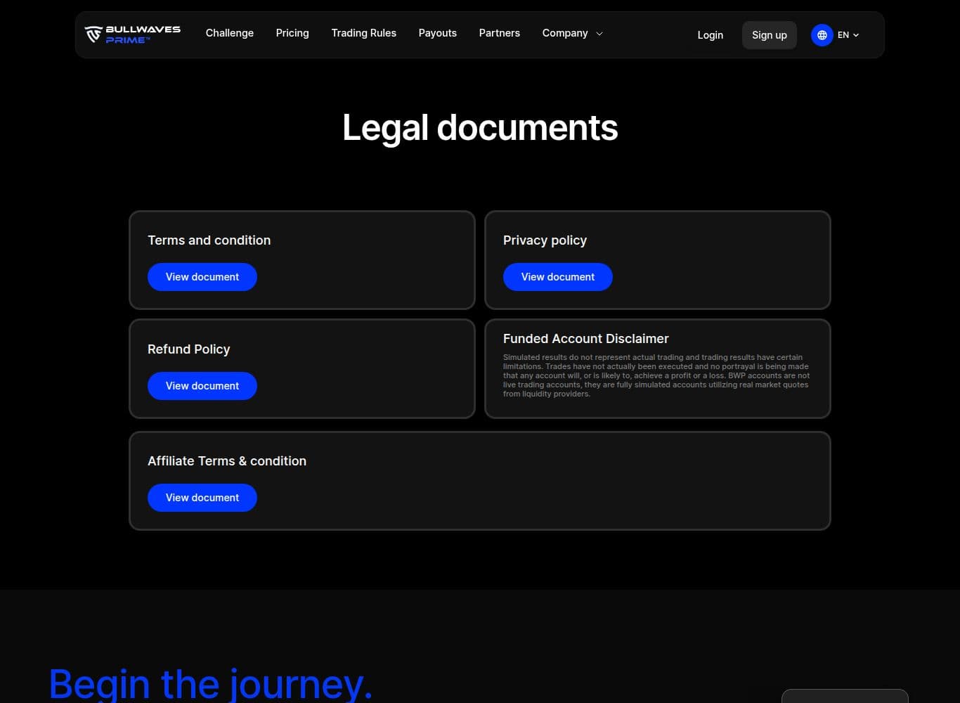 Legal page naming Moonance LLC and stating that funded accounts are fully simulated