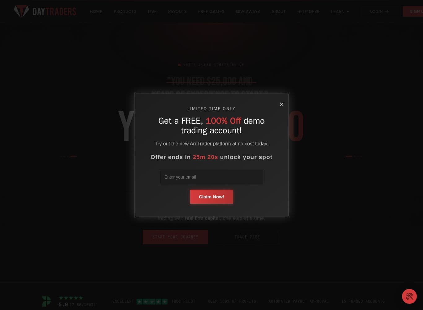 DayTraders.com homepage showing pricing, account types and the published consistency threshold