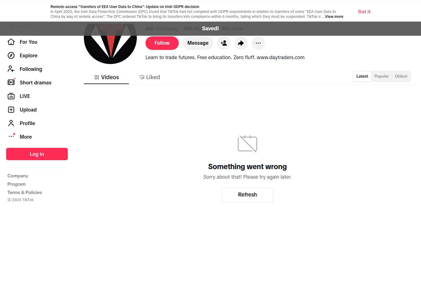 Official TikTok profile showing follower count
