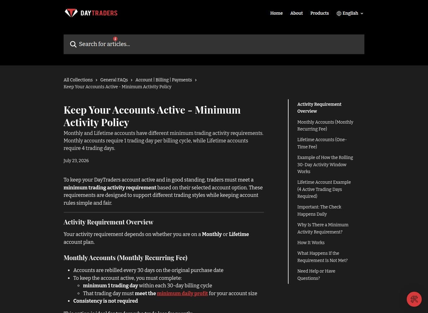 Minimum Activity Policy requiring four profitable qualifying days per rolling 30 days on lifetime accounts