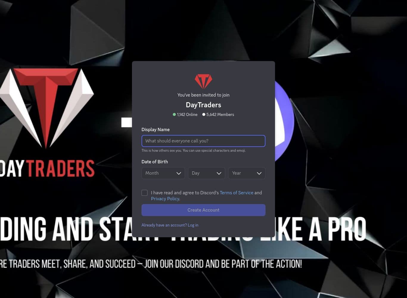 Official DayTraders Discord invite showing member and online counts