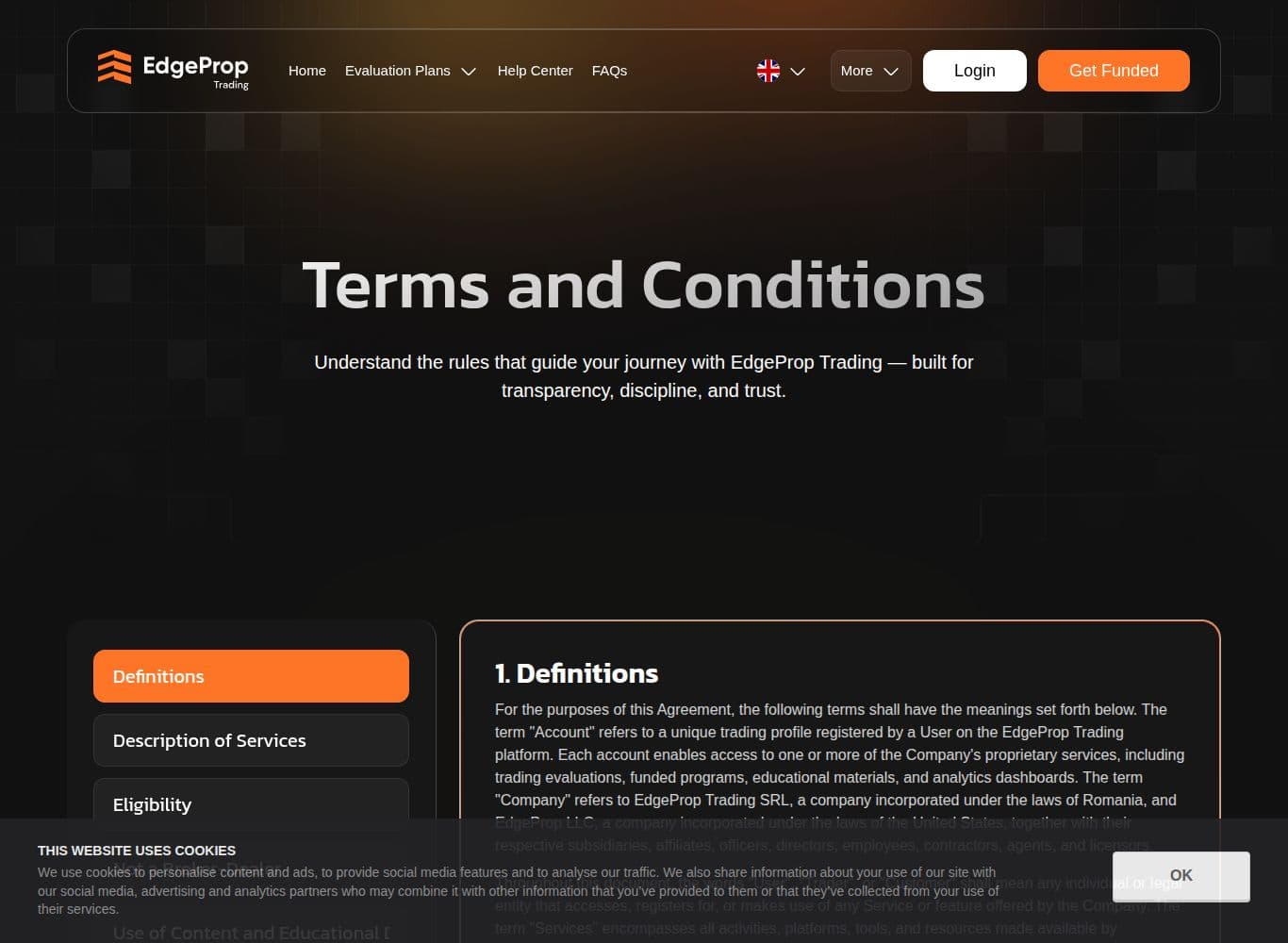 Terms and Conditions naming EdgeProp Trading SRL and carrying the sole-discretion amendment right