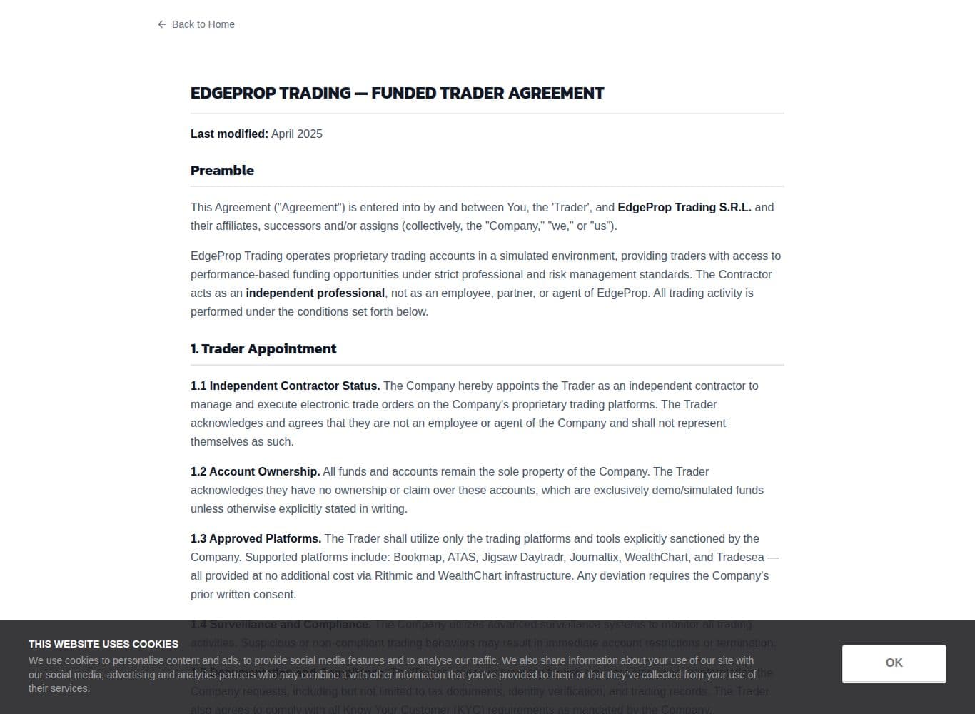 Trader Funding Agreement setting the Safety Net, the 40 percent consistency rule and the pre-payout compliance audit