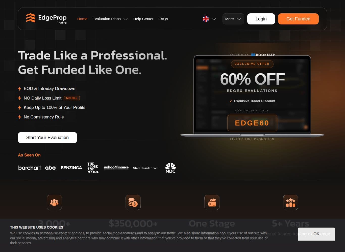 EdgeProp Trading homepage showing the No Consistency Rule claim in the hero alongside the simulated-account disclaimer