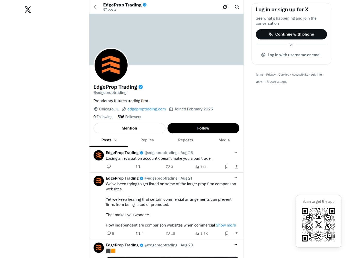 EdgeProp Trading official X profile linked from the site footer