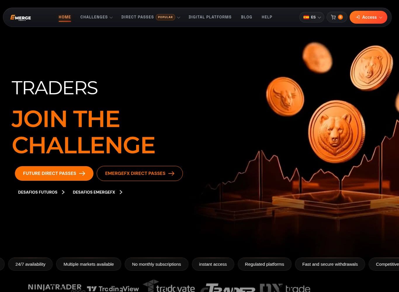 Emerge Profit homepage showing the challenge and Direct Pass storefront