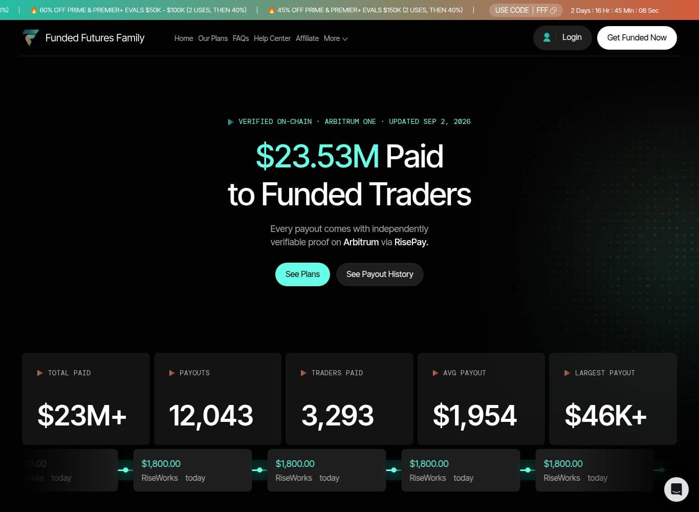 Live payout ledger listing 12,043 dated payouts totalling over 23.5M USD
