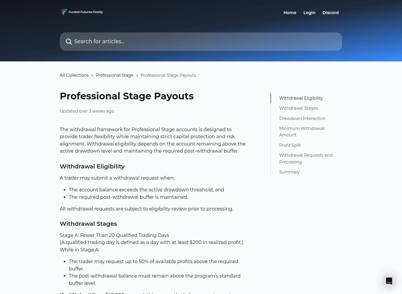 Professional Stage payout rules showing the 80/20 split and eligibility review