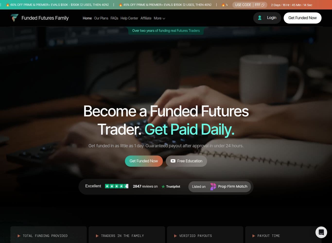 Funded Futures Family homepage showing plans, payout claims and the California state-of-incorporation footer