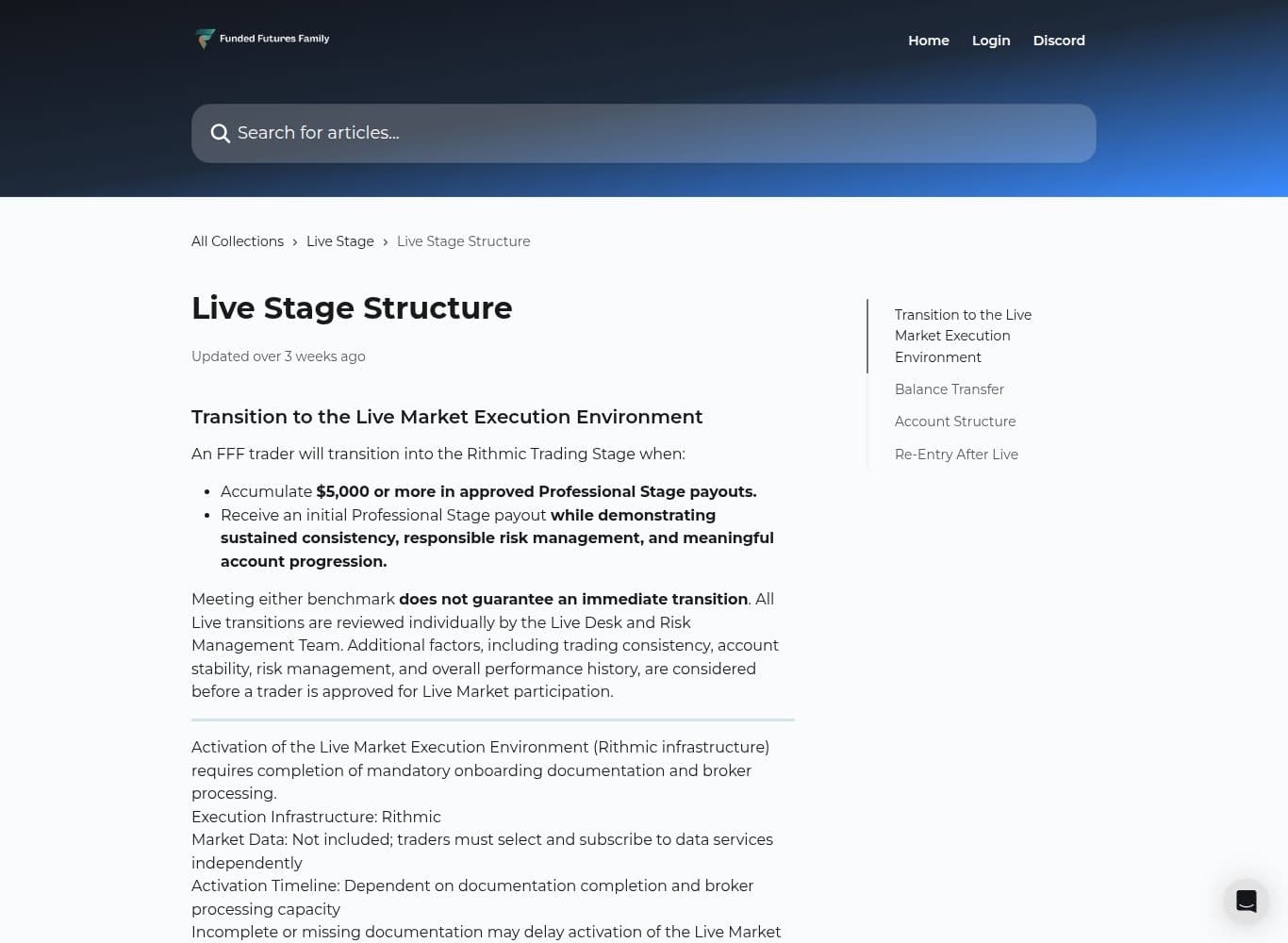 Live Stage structure describing Rithmic execution and one-way progression