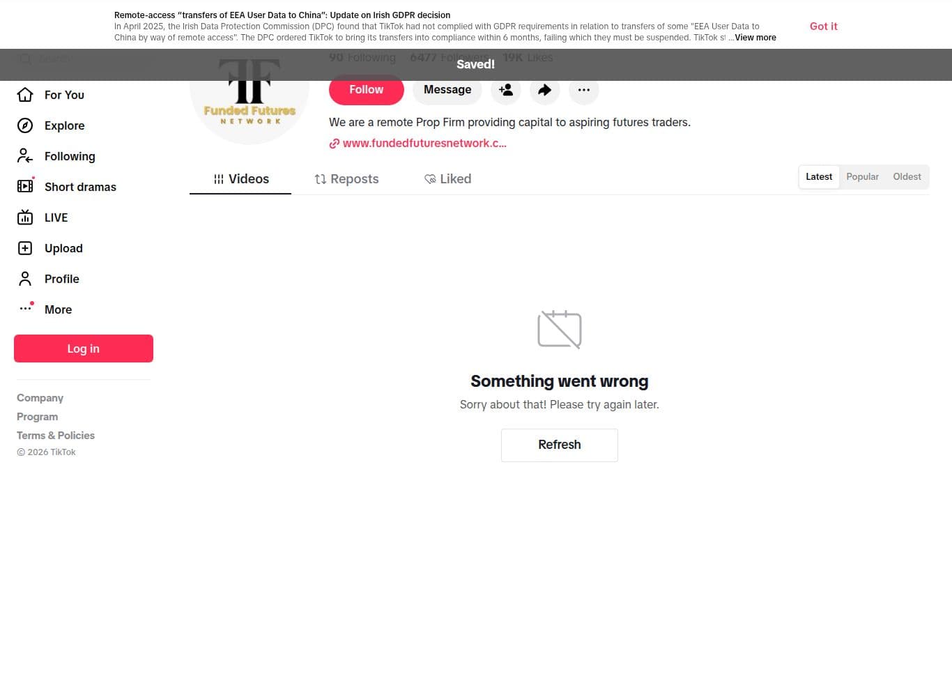 Official FFN TikTok profile with follower count and a bio link to the official domain