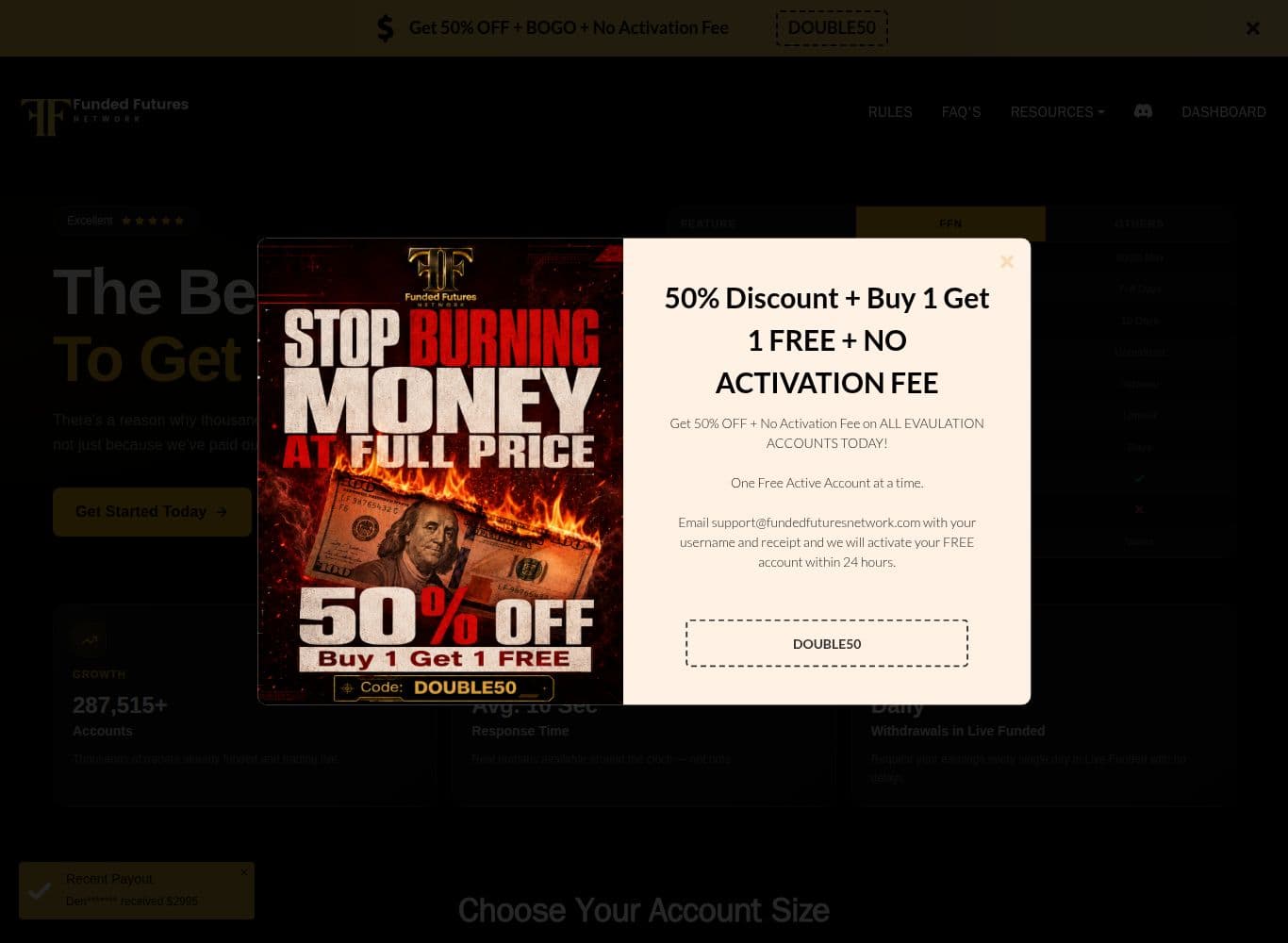 Funded Futures Network homepage showing account sizes, pricing and the same day payouts claim