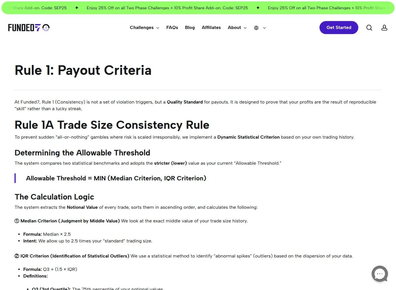 Funded7 Rule 1 payout criteria publishing the numeric lot-size and profit-quality thresholds