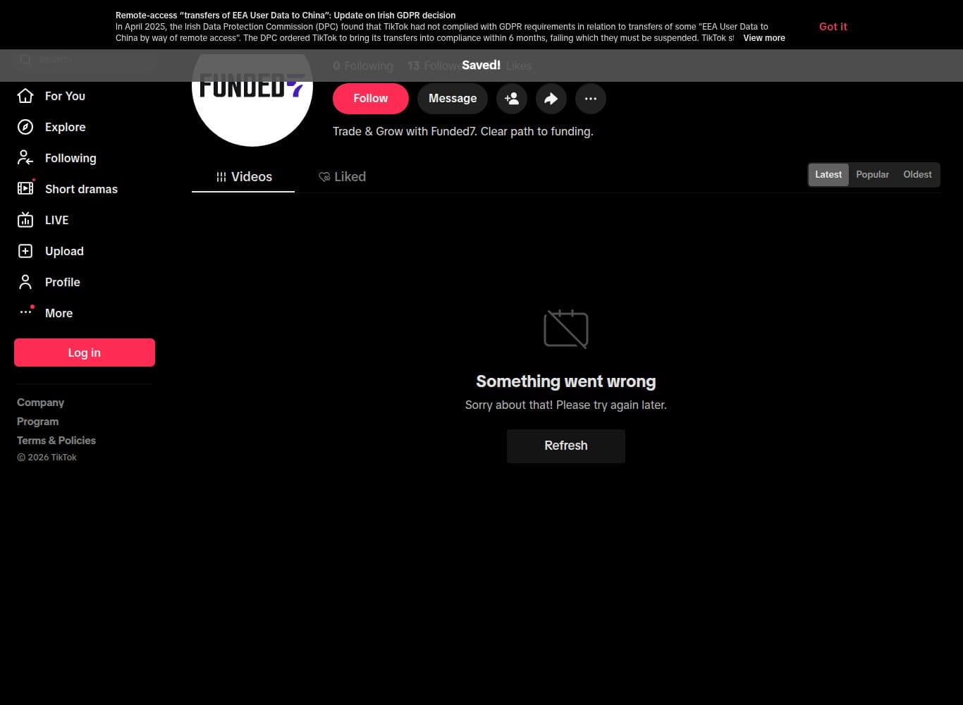 Funded7 TikTok account with 13 followers, effectively unused