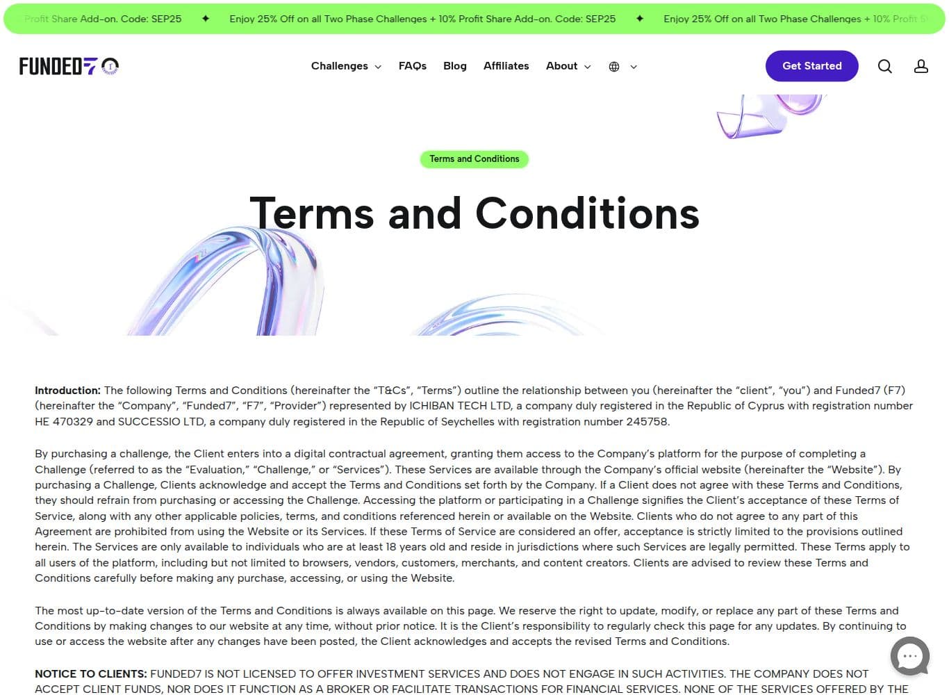 Funded7 Terms and Conditions naming ICHIBAN TECH LTD and SUCCESSIO LTD, with the amendment right, the simulated-execution provision and the USD 10,000 monthly withdrawal cap