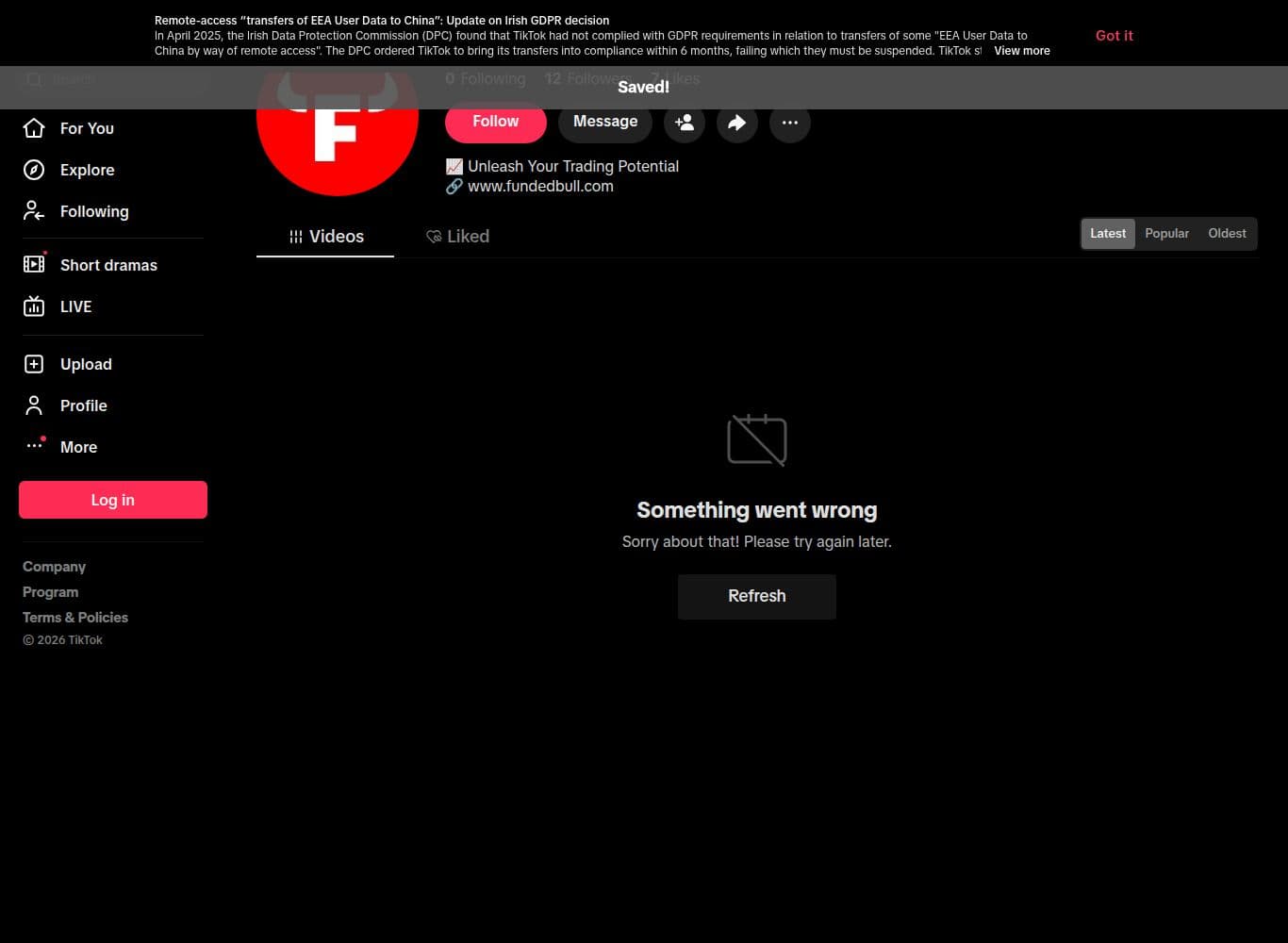 Official FundedBull TikTok account with 12 followers