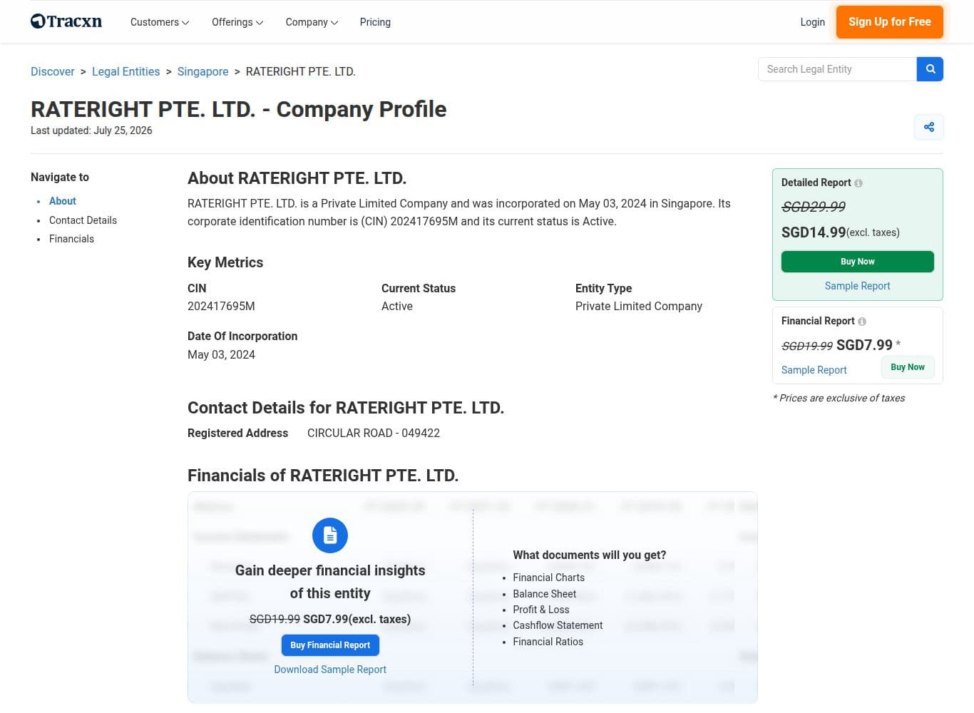 Singapore corporate record for RATERIGHT PTE. LTD., incorporated 3 May 2024, status Active