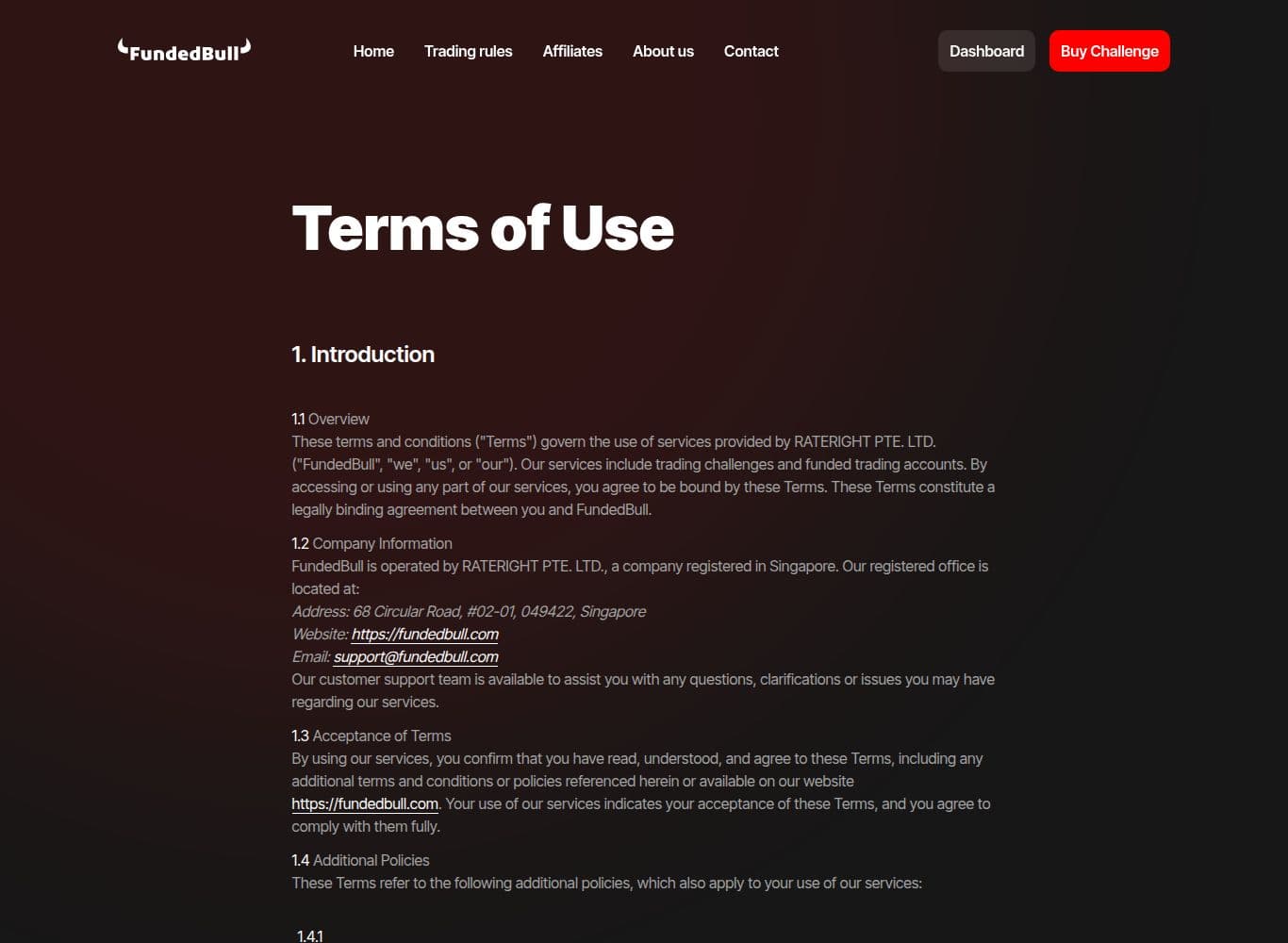 FundedBull Terms of Use, naming RateRight Pte. Ltd. and carrying the immediate-amendment, sole-discretion termination and forfeiture clauses
